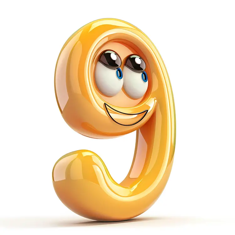 Cute Cartoon Number 9 with Big Eyes
