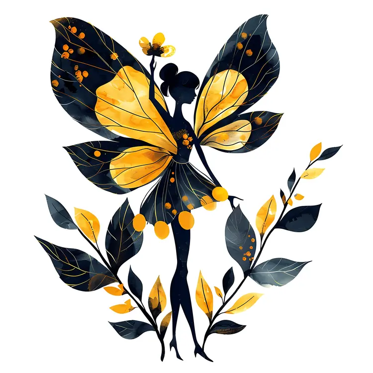 Fairy Silhouette with Flower and Wings