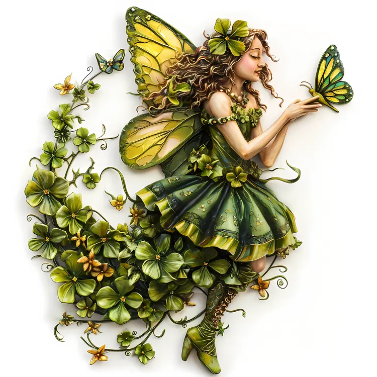Green Fairy with Butterfly and Flowers