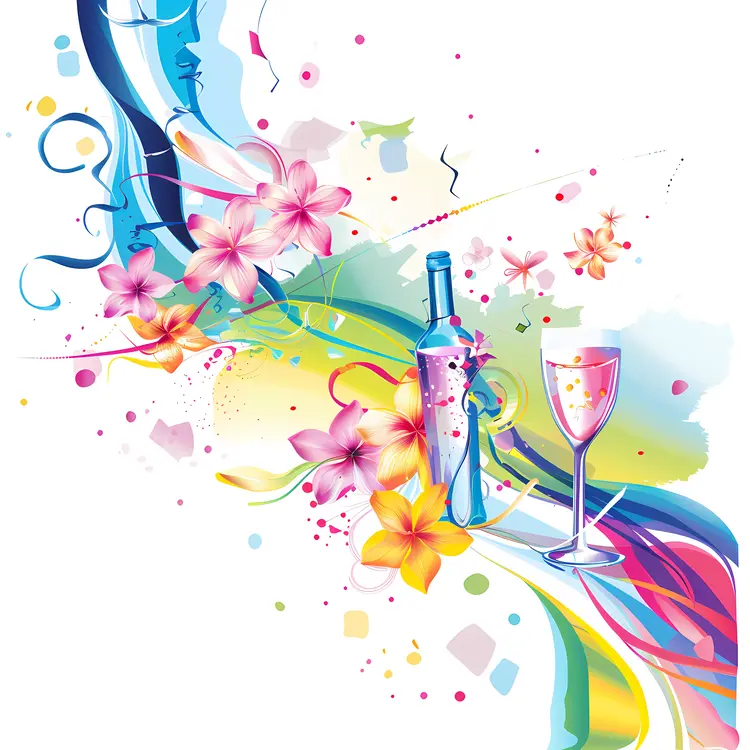 Colorful Wine Bottle and Glass with Flowers
