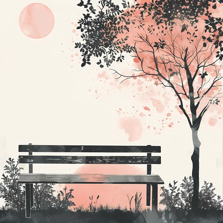 Black Bench with Tree and Sun