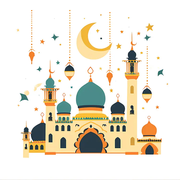 Colorful Mosque with Crescent Moon and Stars