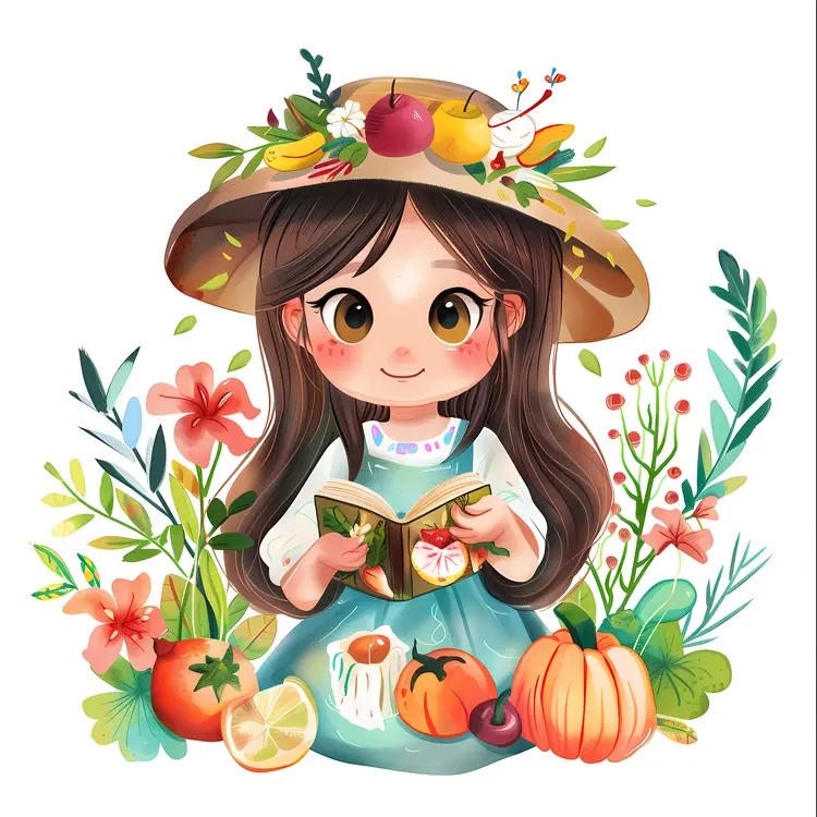Girl Reading Book in Garden with Fruits and Flowers