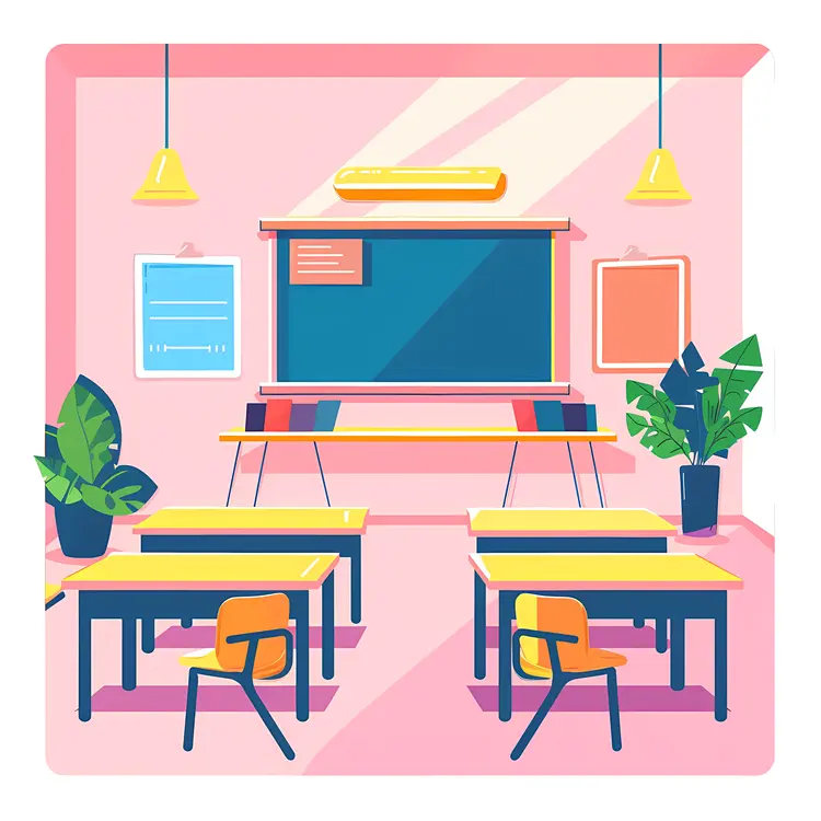 Pink Classroom with Desks and Plants