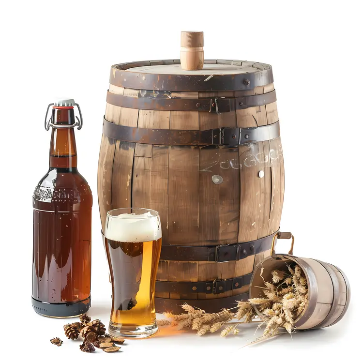 Beer Bottle and Barrel with Glass and Wheat