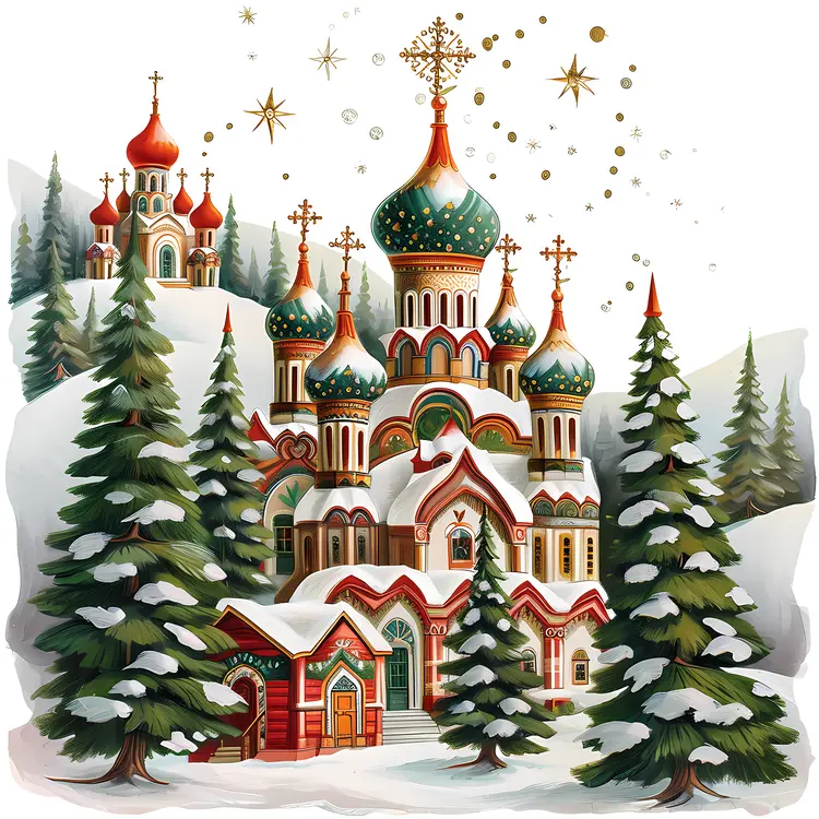 Snowy Russian Church with Domes and Trees