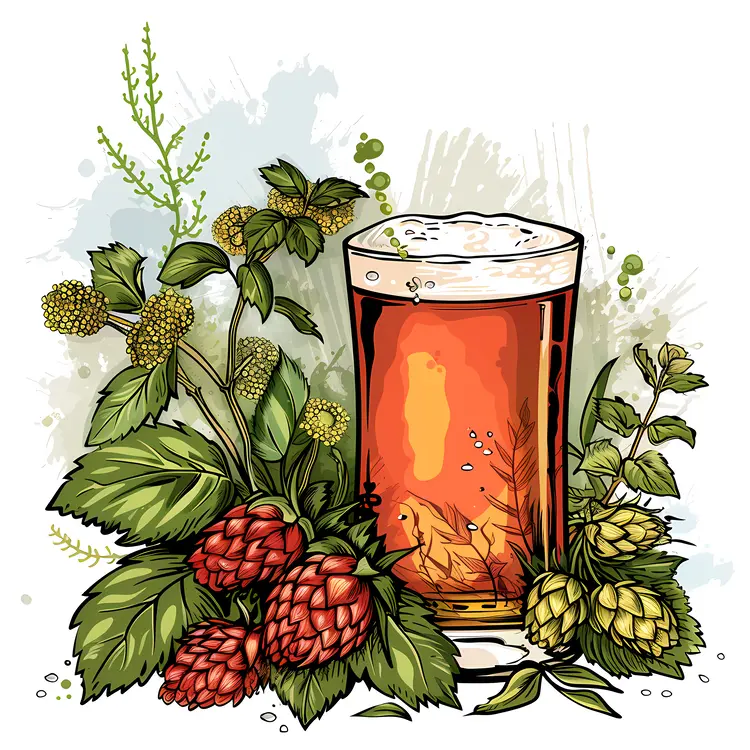 Beer Glass with Hops and Leaves