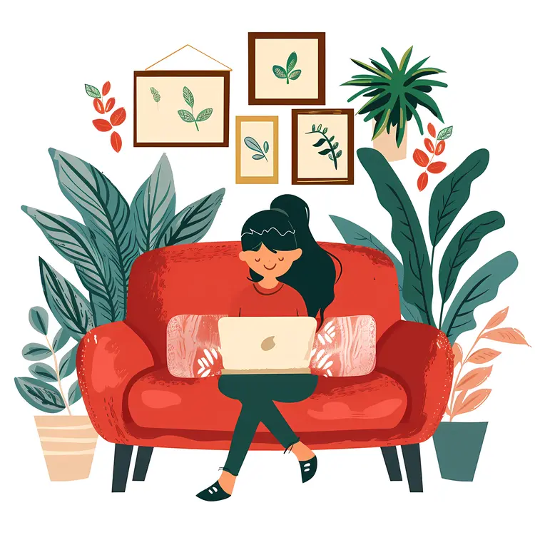 Woman Working on Laptop in Cozy Home Setting