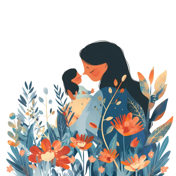 Mother and Child with Colorful Floral Surrounding