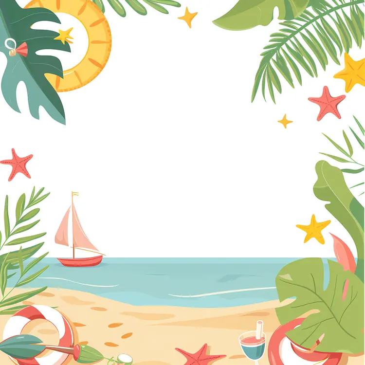 Beach Scene with Palm Leaves and Sea