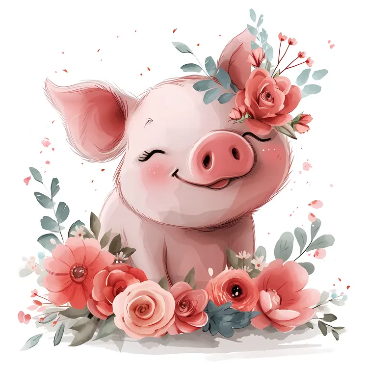 Adorable Cute Pig with Flowers