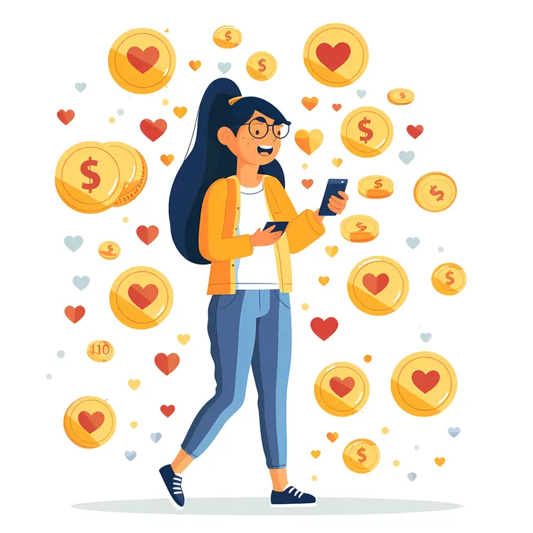 Cartoon Woman with Smartphone and Social Media Icons