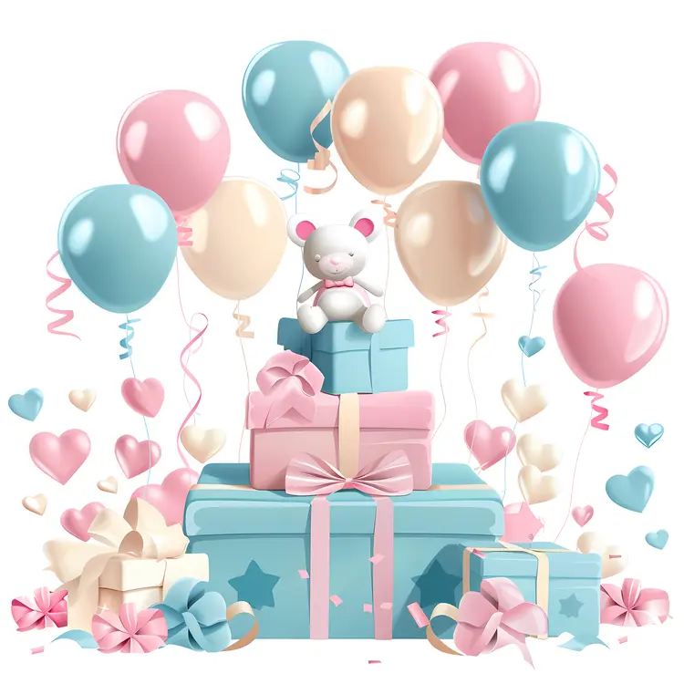 Colorful Gift Boxes with Balloons and Teddy Bear