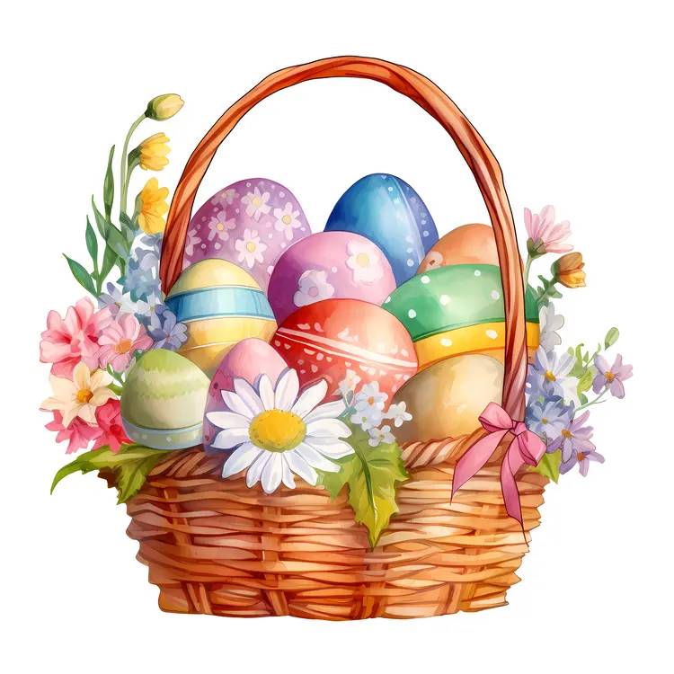 Beautiful Easter Basket with Colorful Eggs and Flowers