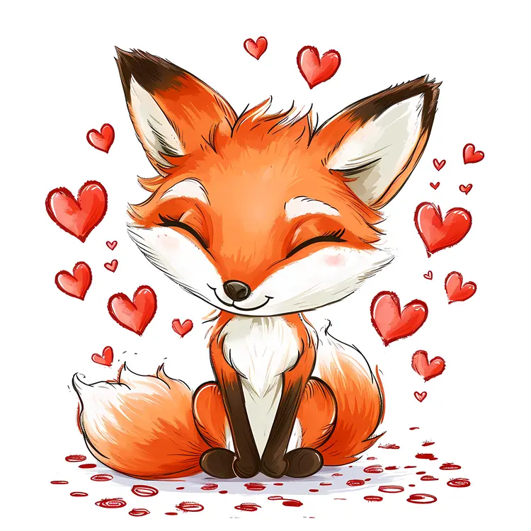 Smiling Fox Surrounded by Hearts