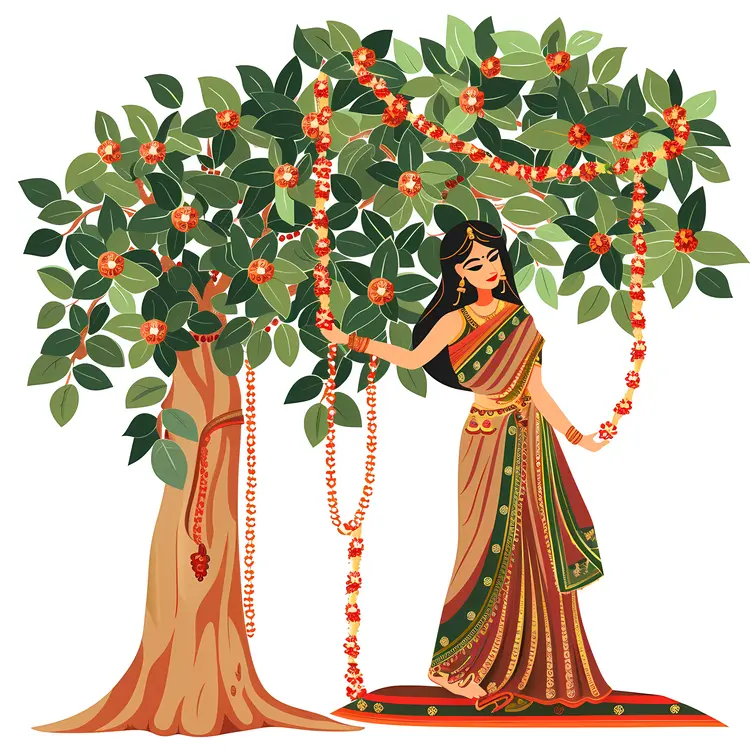 Woman in Traditional Dress Offering to Tree