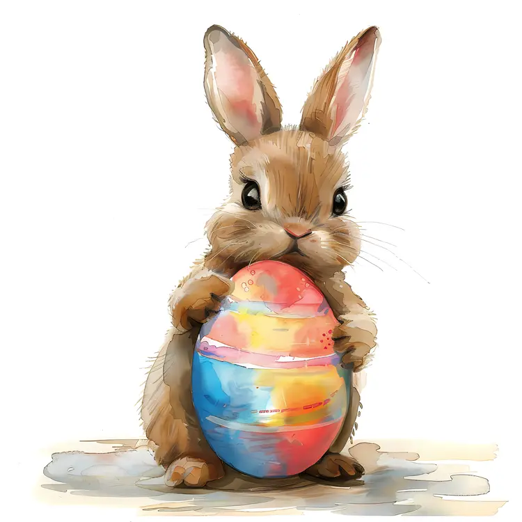 Brown Bunny Holding Decorated Easter Egg