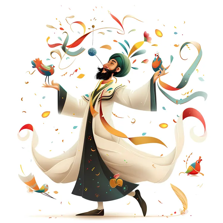 Joyful Man in Traditional Dress with Birds
