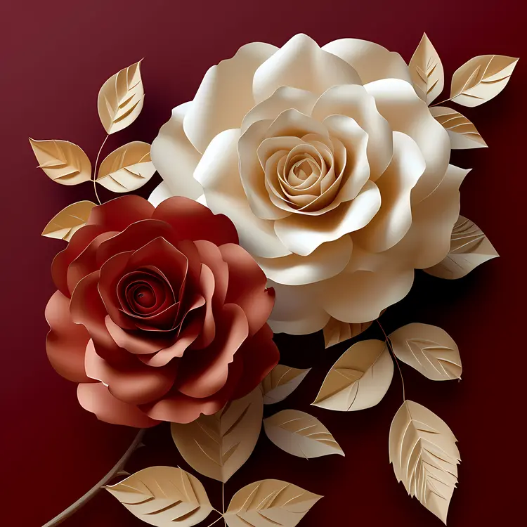 Red and White Paper Roses with Golden Leaves