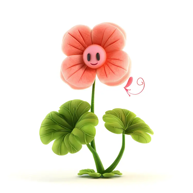 Pink Flower Character with Green Leaves