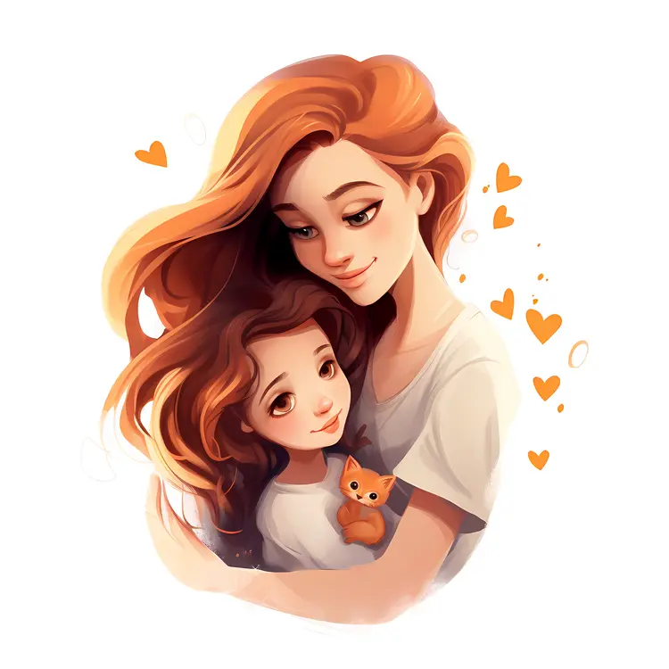 Mother and Child with Kitten Illustration