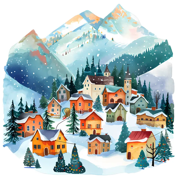 Snowy Village with Mountains