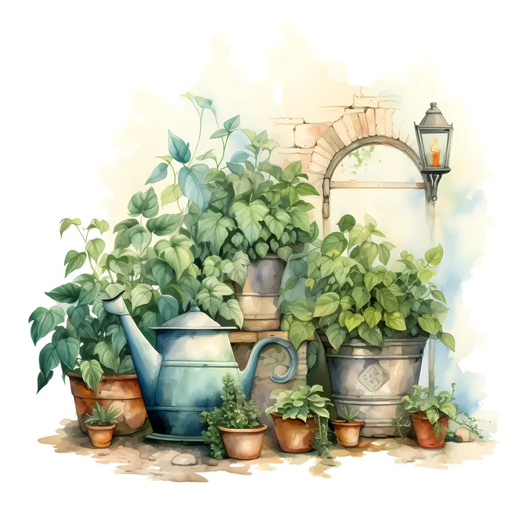 Green Plants in Pots with Watering Can