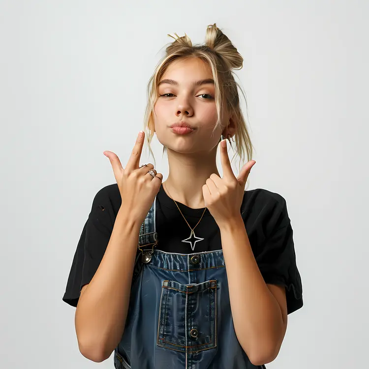 Girl in Denim Overalls Making Finger Guns