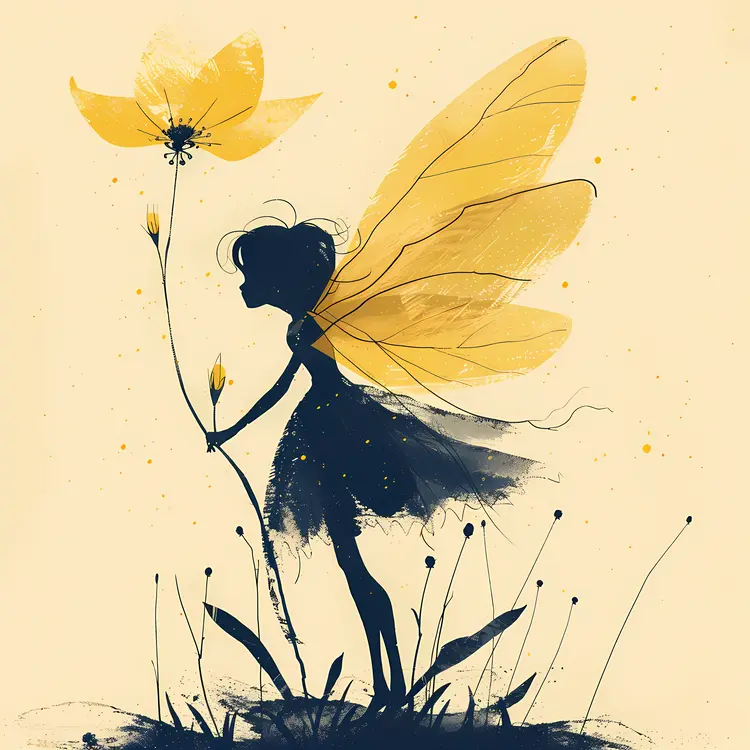 Fairy Silhouette with Flower and Wings