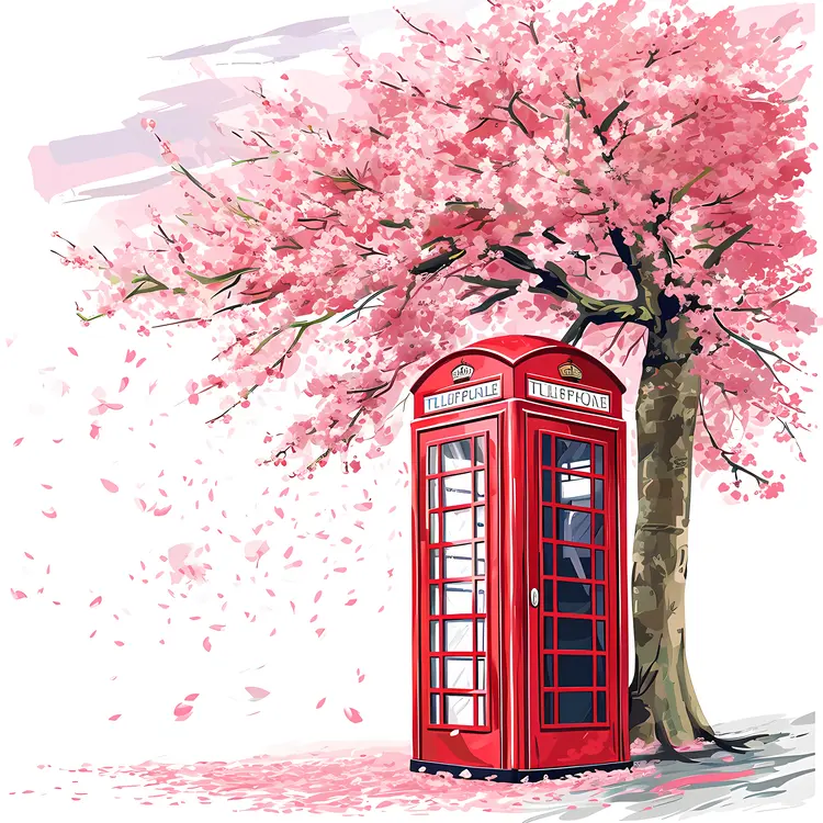 Red Phone Booth with Cherry Blossom Tree