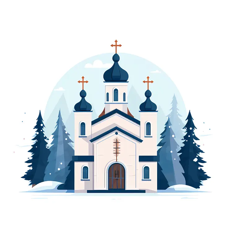 Blue Domes Orthodox Church with Snowy Trees