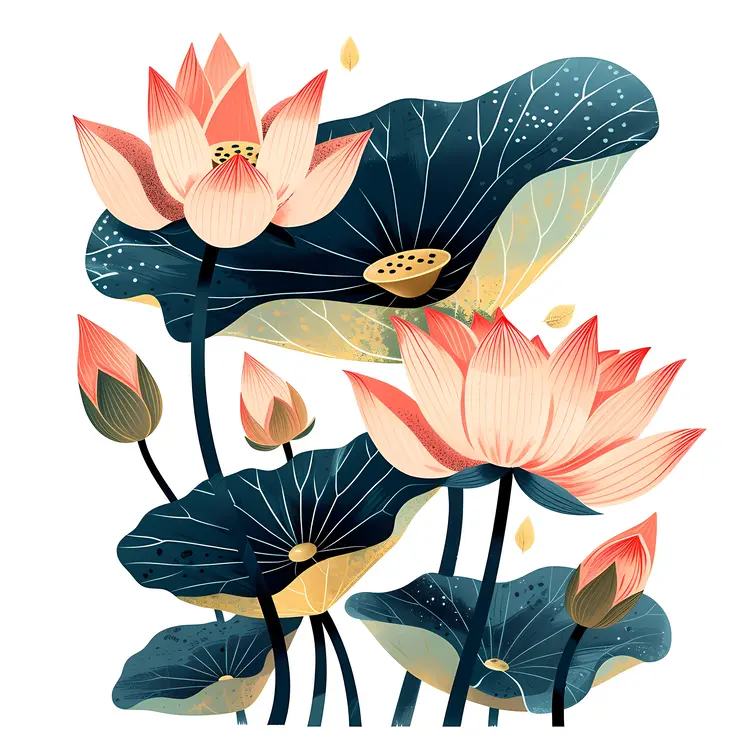 Beautiful Lotus Flowers with Pink Petals and Green Leaves