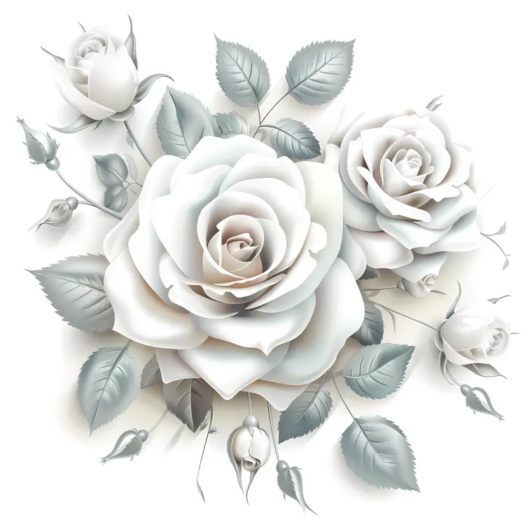 Beautiful White Roses with Buds and Leaves
