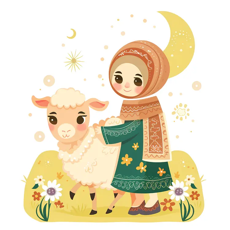 Cute Girl with Sheep Illustration