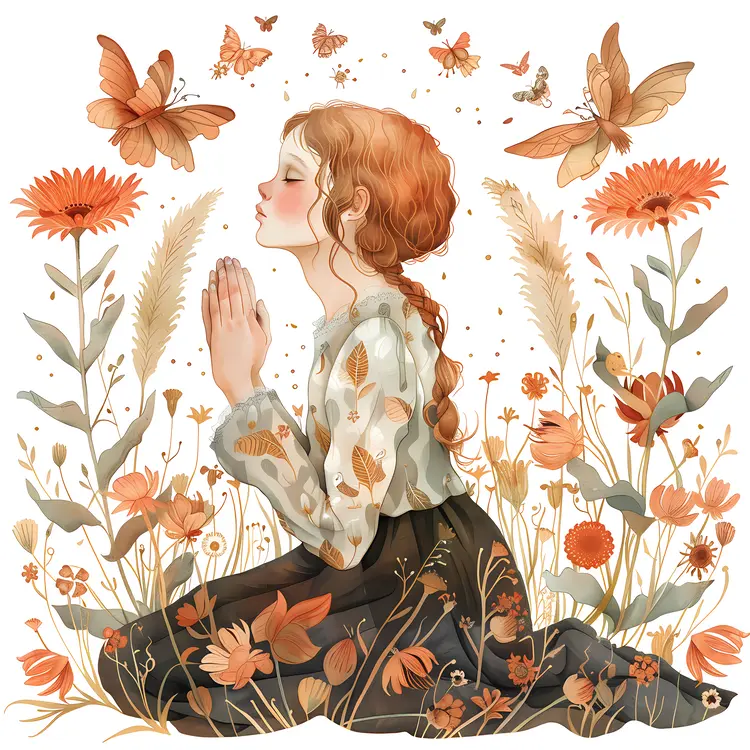 Praying Girl Surrounded by Flowers and Butterflies
