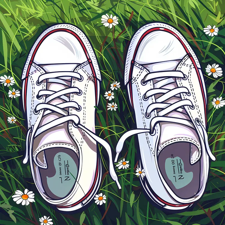 White Sneakers on Grass with Flowers