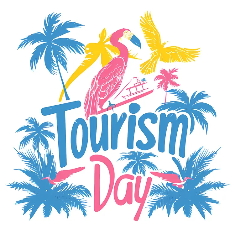 Colorful Tourism Day Poster with Birds and Palm Trees