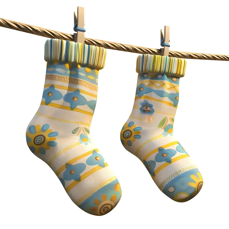 Patterned Socks Hanging on a Clothesline