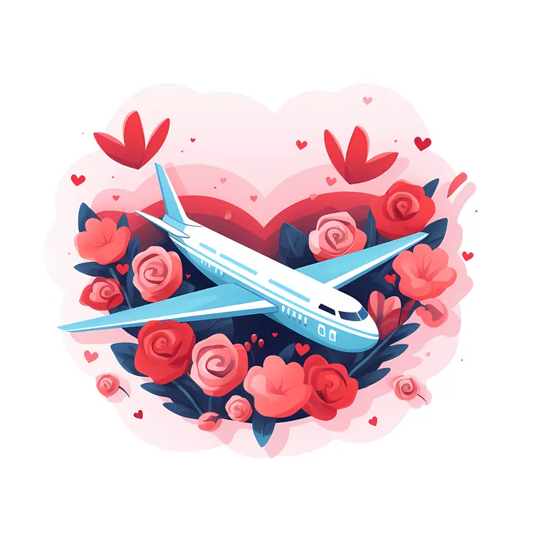 Airplane Surrounded by Roses and Hearts
