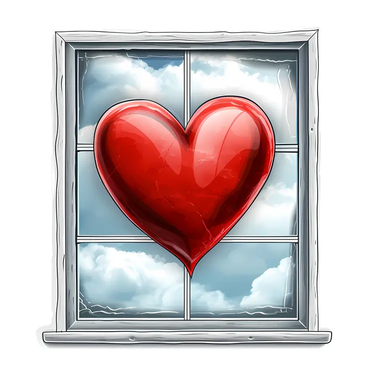 Red Heart in Window with Clouds