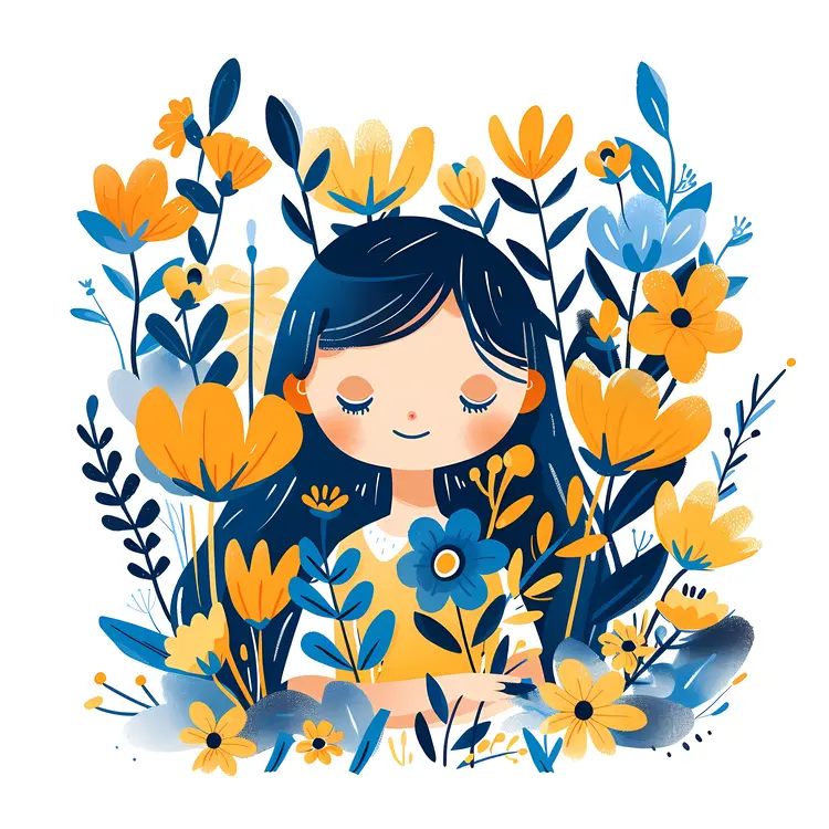 Girl with Flowers Cartoon Illustration