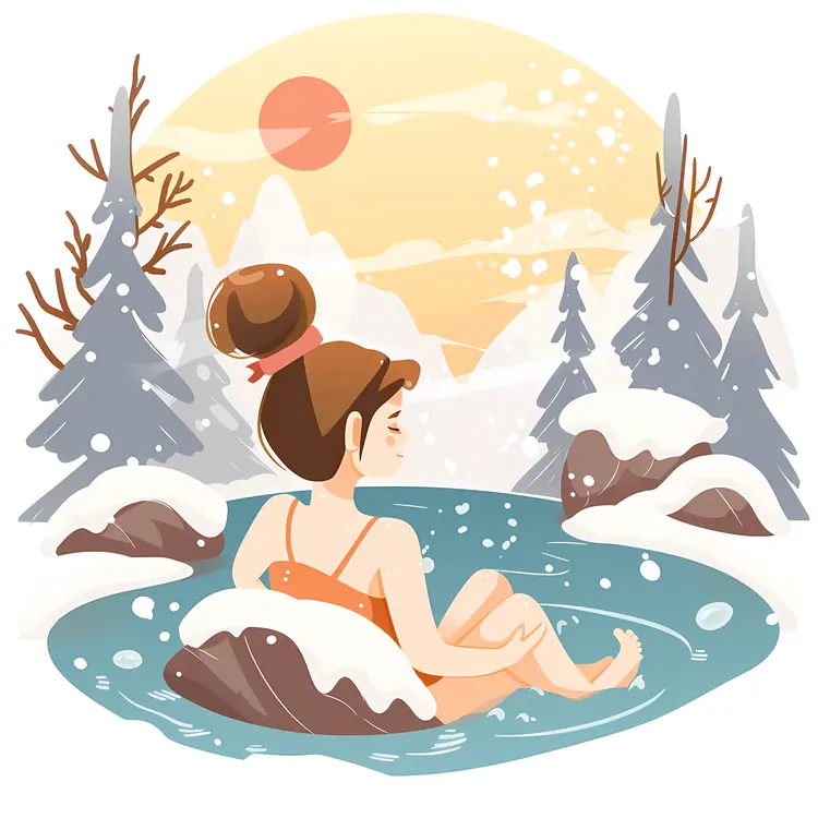 Girl Relaxing in Hot Spring at Sunset