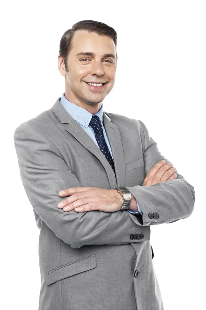 Smiling Businessman in Gray Suit