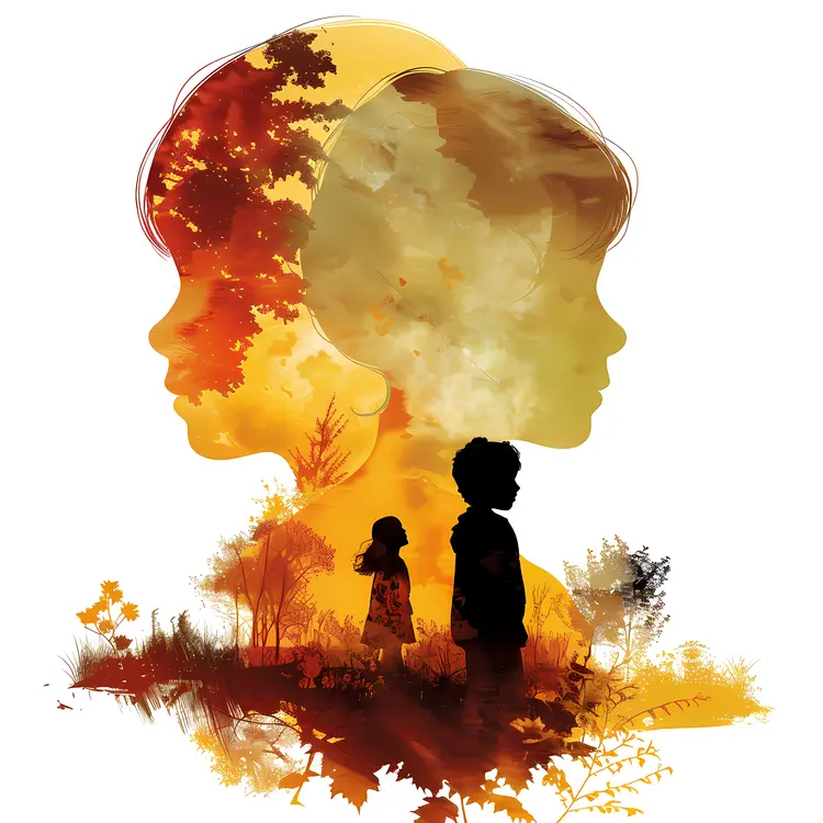 Children Silhouettes in Nature Double Exposure