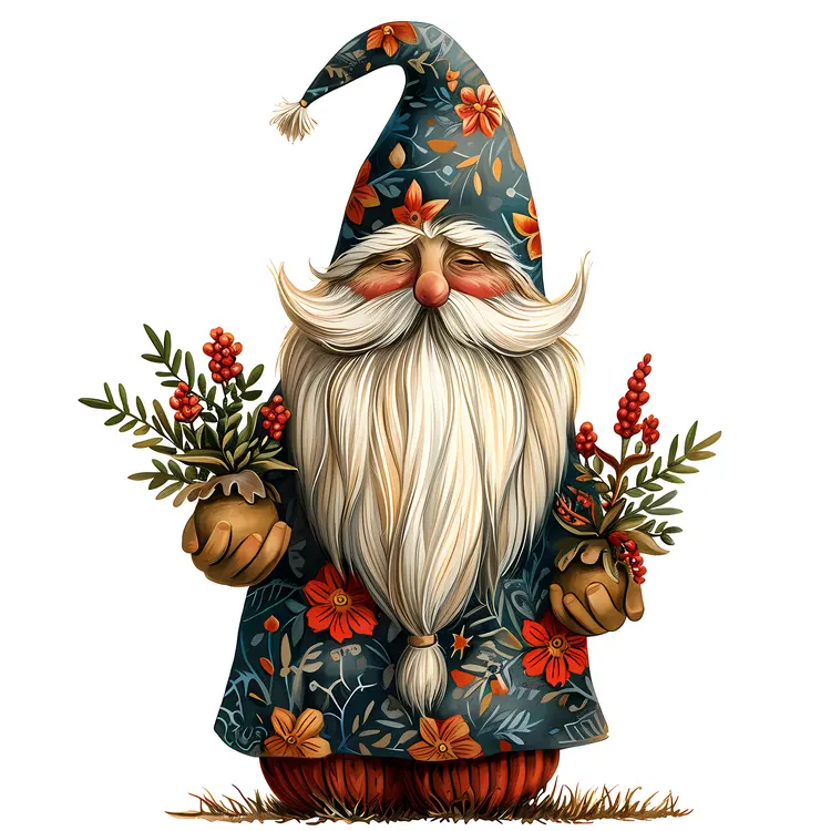Gnome with Flowers in Blue Hat
