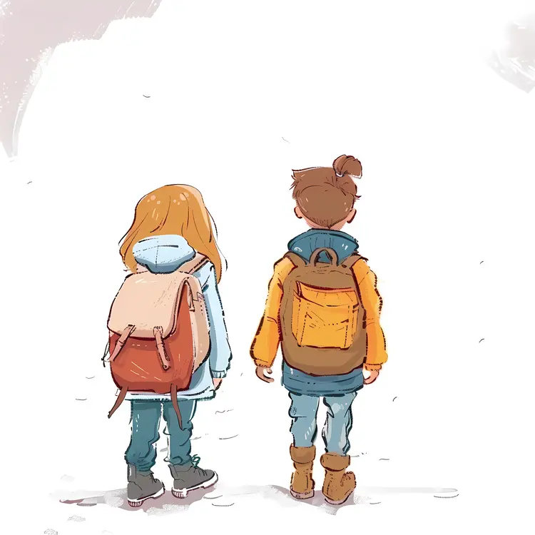 Two Children with Backpacks in Winter