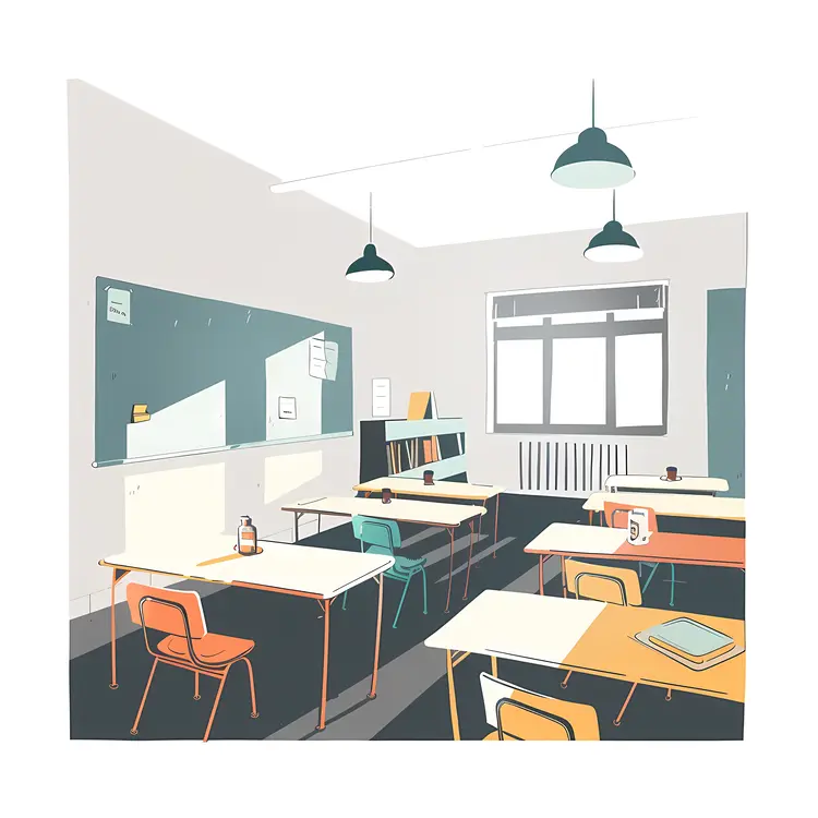 Empty Classroom with Desks and Chairs