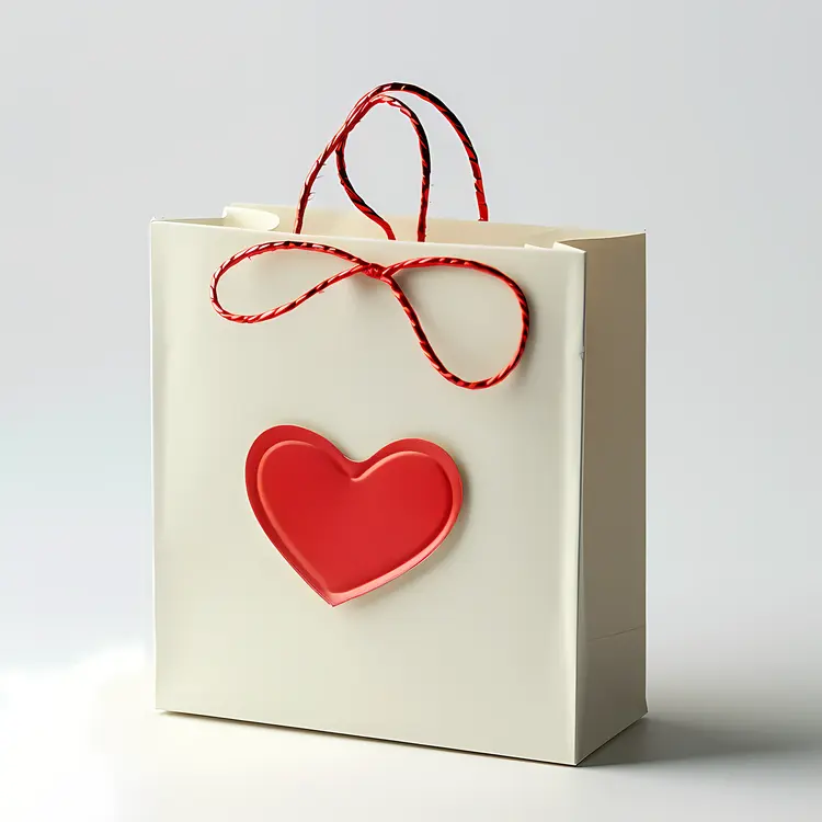 White Gift Bag with a Red Heart for Valentine's Day