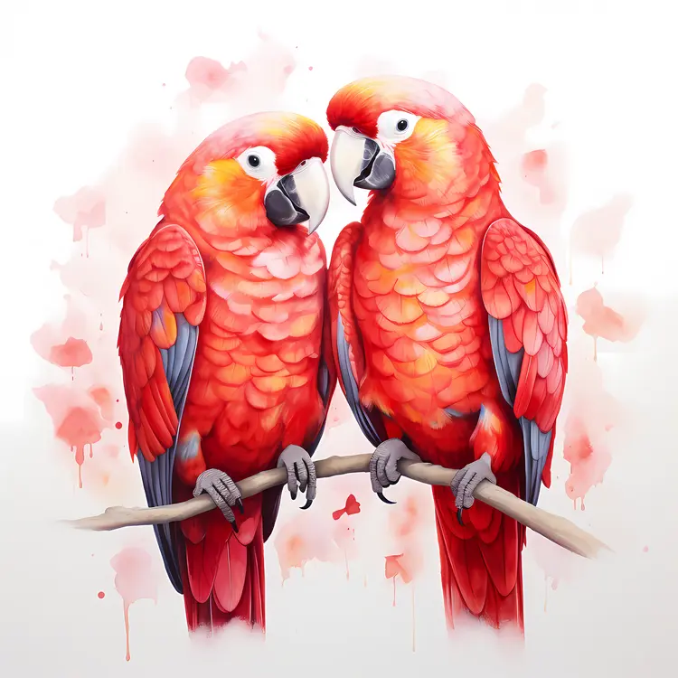 Red Parrots on Watercolor Branch