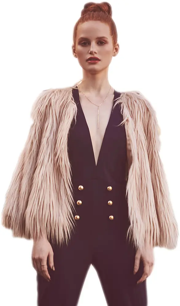Fashionable Woman in Fur Coat and Black Outfit